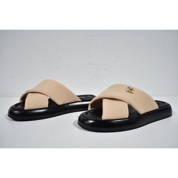 Chanel Beige Black Fabric Criss Cross Puffy CC Logo Slide Mule Sandal Flat 39 - Picture 10 of 12